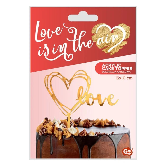 Dekoracja Akrylowa na Tort Love, Złota – 13x10 cm