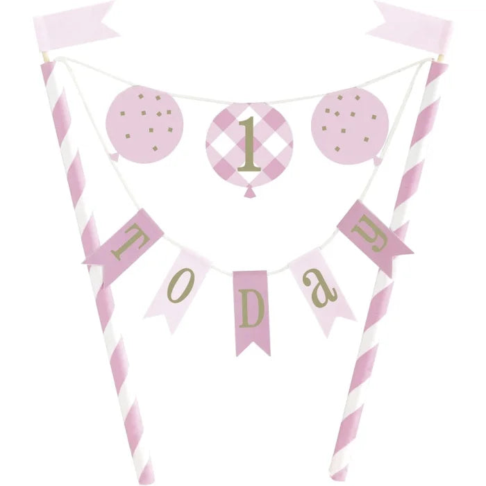 Dekoracja na tort Topper Gingham 1st Birthday, różowa