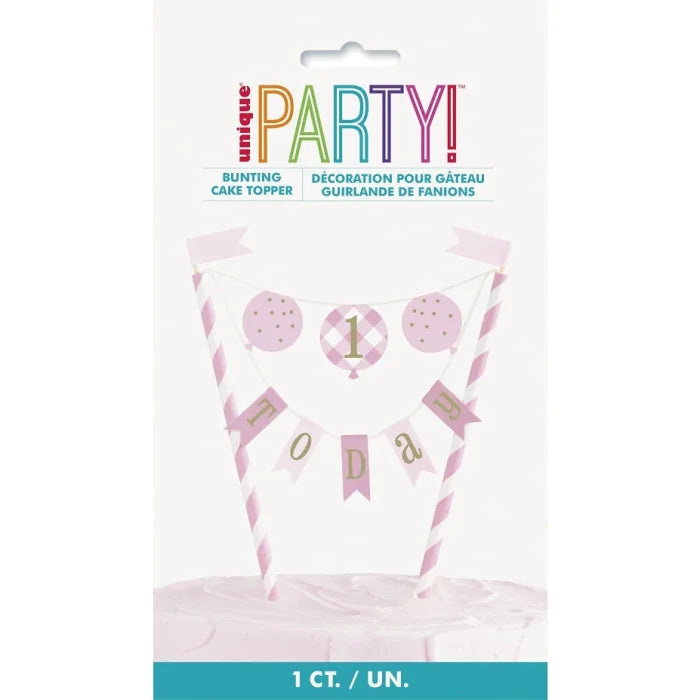 Dekoracja na tort Topper Gingham 1st Birthday, różowa