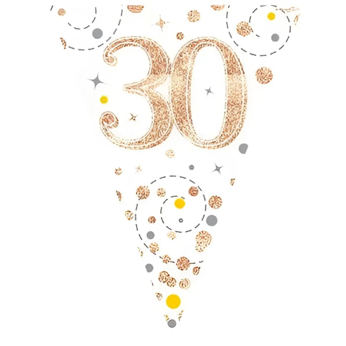 Dekoracja Oaktree – Holograficzne Trójkąty 30 Lat, Rose Gold i Białe, 11 Flag, 3,9 m