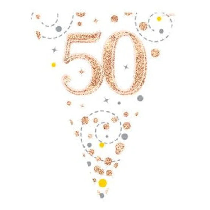 Dekoracja Oaktree – Holograficzne Trójkąty 50 Lat, Rose Gold i Białe, 11 Flag, 3,9 m