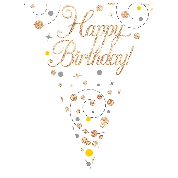 Dekoracja Oaktree Trójkąty Holograficzne 11 flag 3,9m Happy Birthday Białe Rose Gold