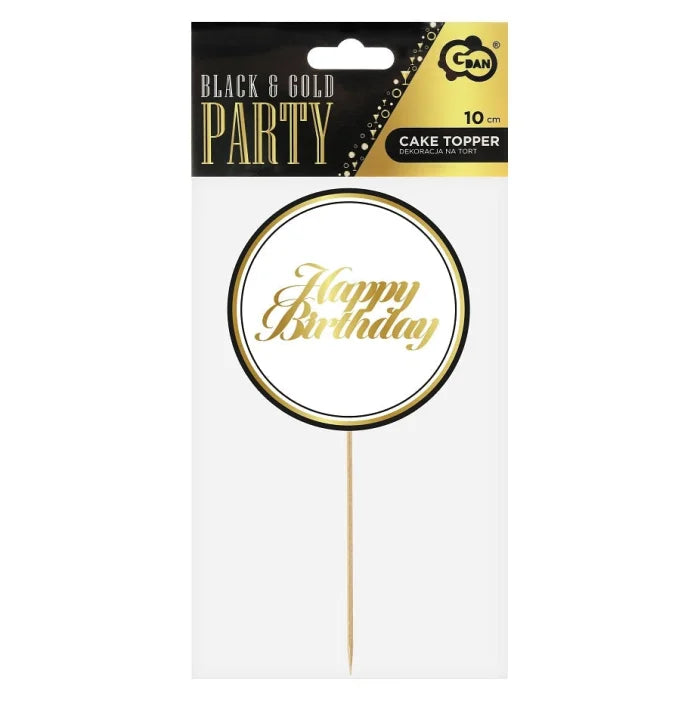 Dekoracja Papierowa na Tort "Happy Birthday" – 20 cm, Biało-Złota z Czarnym Konturem – 1 Sztuka