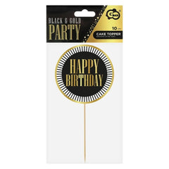 Dekoracja Papierowa na Tort "Happy Birthday" – 20 cm, Czarna z Złotymi Paskami – 1 Sztuka