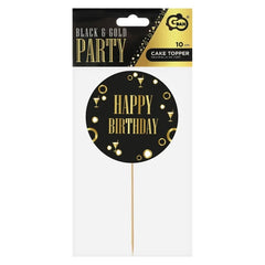 Dekoracja Papierowa na Tort "Happy Birthday" – 20 cm, Złoto-Czarna – 1 Sztuka