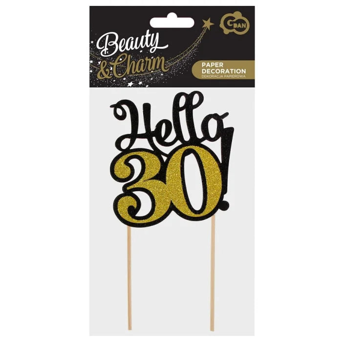 Dekoracja Papierowa na Tort "Hello 30!" – 19 cm, Czarna z Złotym Brokatem – 1 Sztuka