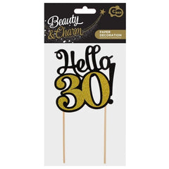 Dekoracja Papierowa na Tort "Hello 30!" – 19 cm, Czarna z Złotym Brokatem – 1 Sztuka
