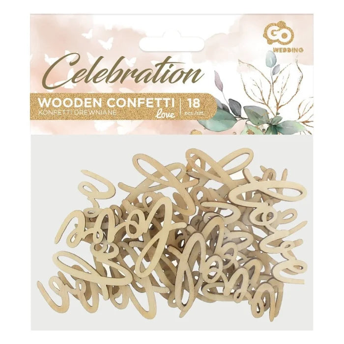 Drewniane konfetti LOVE 6x3 cm – 18 sztuk, naturalne i stylowe!