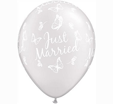 Balony na ślub z nadrukiem Just Married (motylki), 11 cali