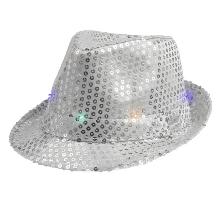 Kapelusz srebrny z cekinami LED – uniwersalny 57 cm - Costume Headwear
