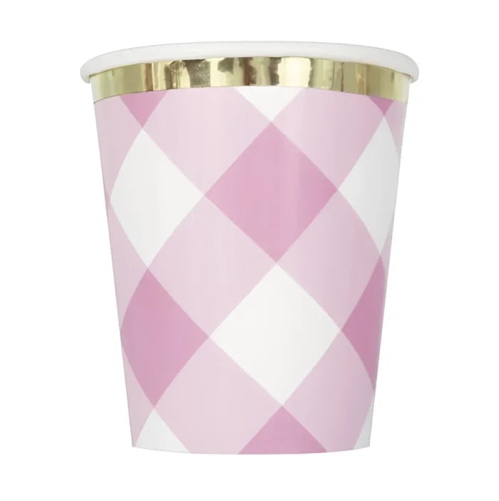 Kubeczki papierowe Gingham, różowe ze złotą obwódką, 270 ml, 8 szt.