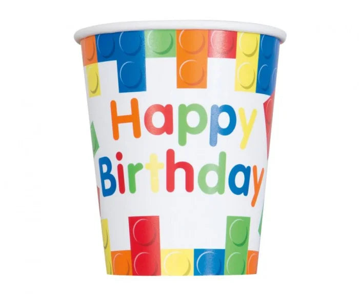 Kubeczki Papierowe Happy Birthday – Motyw Klocki 8 szt.