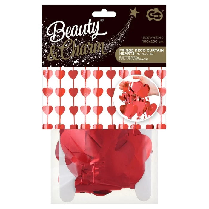Kurtyna Dekoracyjna w Kształcie Czerwonych Serc – Metaliczna Czerwona, 100 x 200 cm