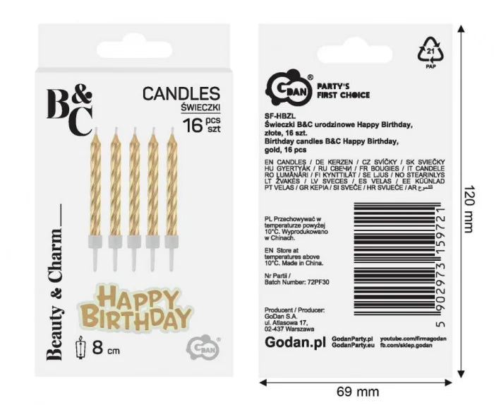 łote świeczki urodzinowe na tort z podstawkami + piker Happy Birthday – 16 szt.