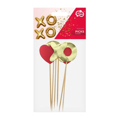 Pikery XOXO – 6 szt., Złote i Czerwone Literki oraz Serduszka
