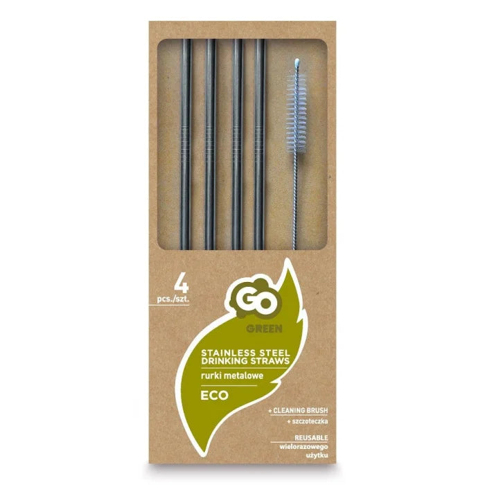 Słomki METALOWE srebrne, PROSTE, 4 szt. + szczoteczka
