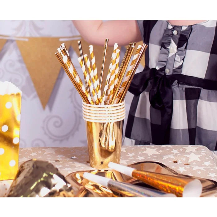 Słomki papierowe różowozłote, miks dwóch wzorów, 6x197mm / 24 szt.