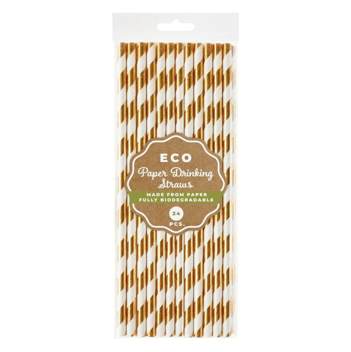 Słomki papierowe różowozłote paski, 6x197mm / 24 szt. błyszczący wzór