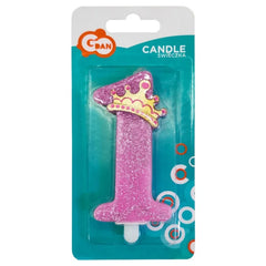 Świeczka cyfra 1 ROCZEK pierwsze urodziny, różowa z brokatem, 9 cm