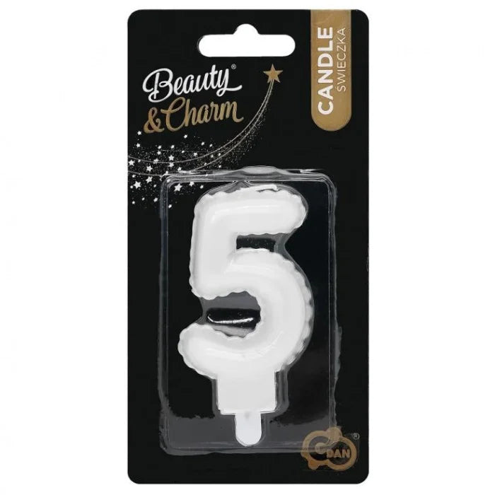 Świeczka Cyfra 5 na podstawce, biała perłowa, Beauty & Charm