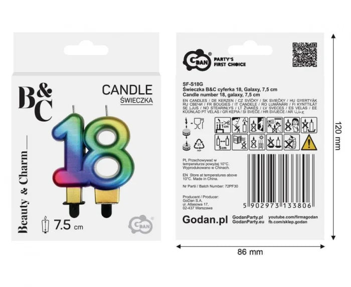 Świeczka na tort na osiemnastkę liczba „18” tęczowa – Beauty&Charm