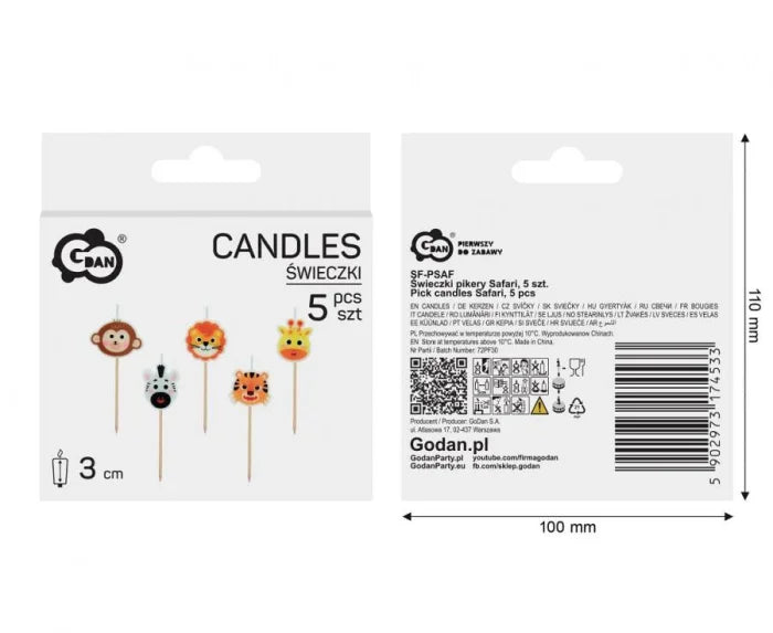 Świeczki tortowe „Safari Party” – dzikie zwierzątka na pikerach (5 szt.)