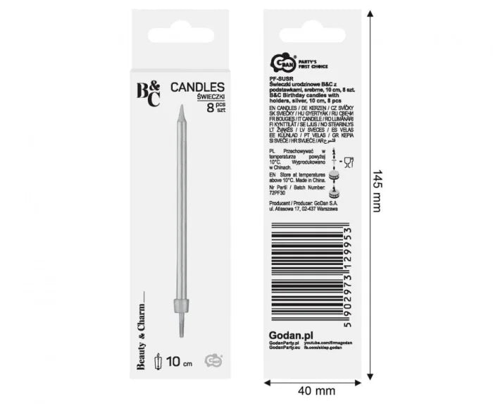 Świeczki urodzinowe na tort długie srebrne – 8 szt. Beauty&Charm