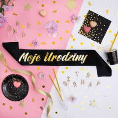 Szarfa urodzinowa „Moje Urodziny” czarno-złota – 10 × 160 cm - Costume Accessories