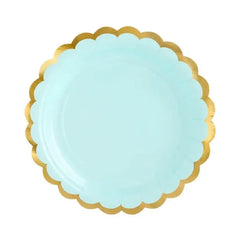 Talerzyki papierowe miętowe ze złotymi metalizowanymi brzegami, 18 cm, 6 szt.