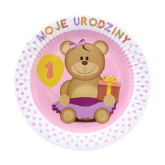 Talerzyki papierowe "Moje 1 Urodziny" – różowe z misiem na pierwsze urodziny!