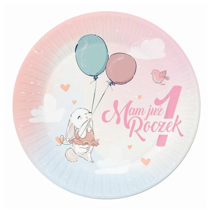 Talerzyki papierowe NA ROCZEK z KRÓLICZKIEM - 23 cm, 6 szt.