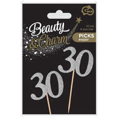 Topper na Tort "30 Urodziny" – Srebrny Brokat B&C