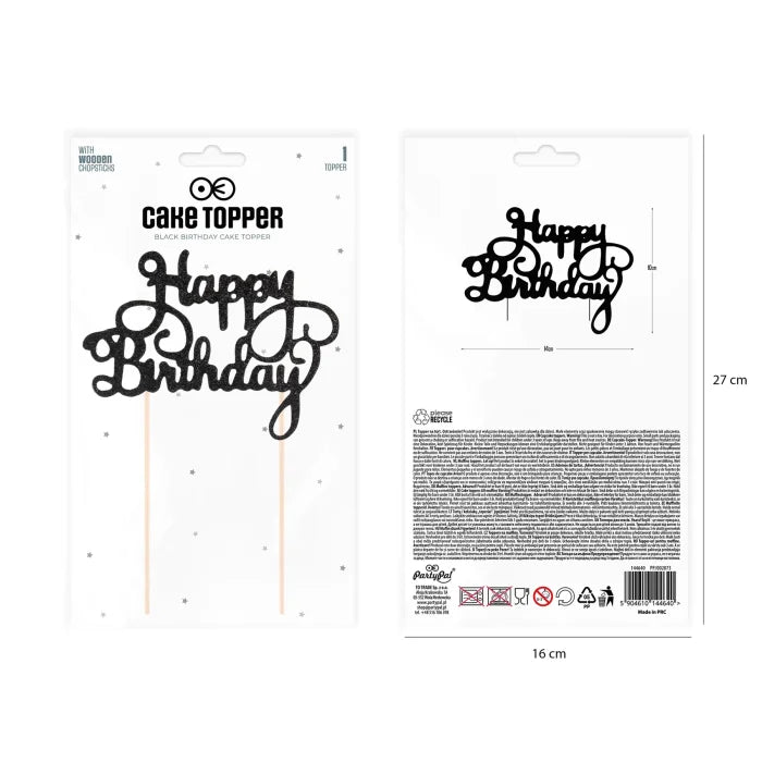 Topper na tort Happy Birthday – brokatowy czarny - Cake Toppers
