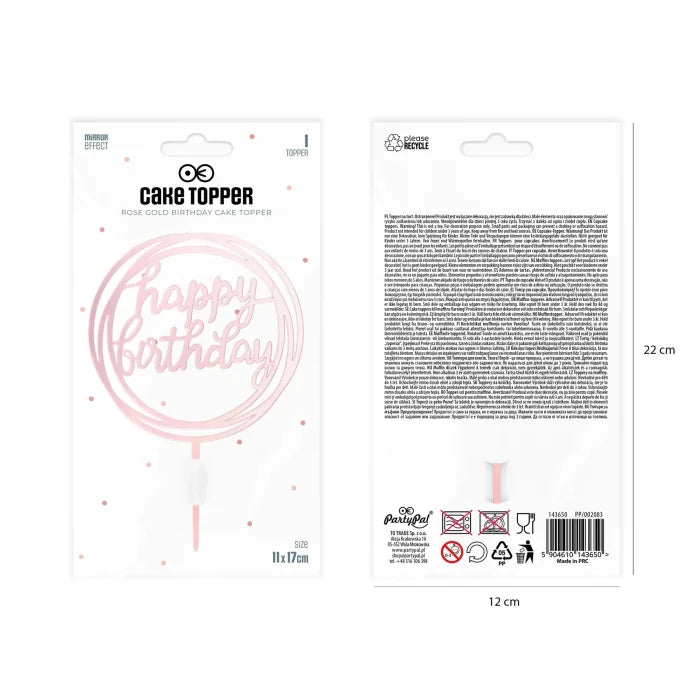 Topper na tort „Happy Birthday” – okrągły lustrzany rose gold - Cake Toppers