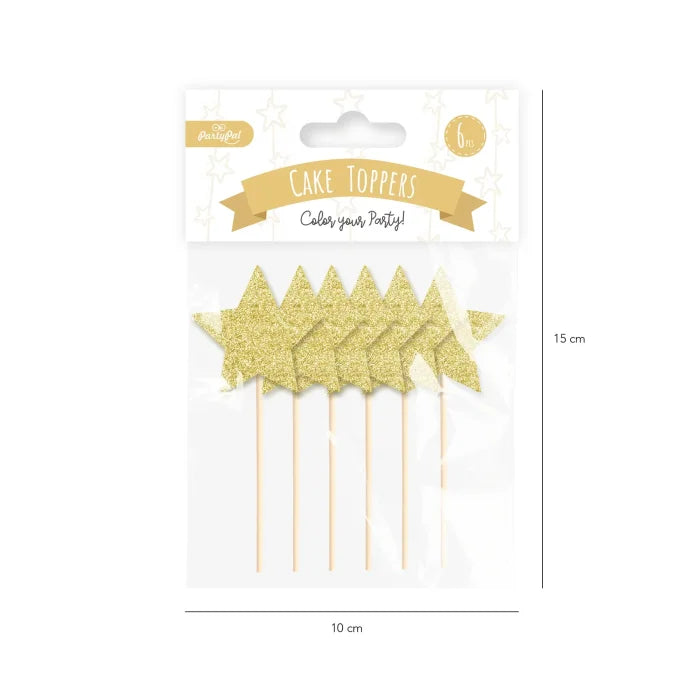 Toppery na tort – złote brokatowe gwiazdki 10 cm 6 szt. - Cake Toppers
