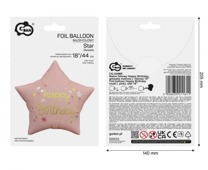 Urodzinowy Balon Foliowy Gwiazda Matowa Różowa 18 cali