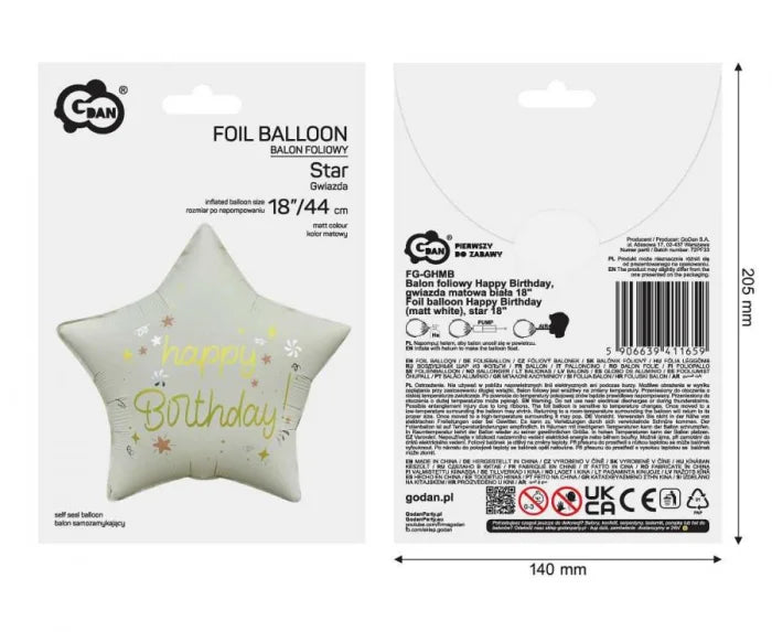 Urodzinowy Balon Foliowy Gwiazda – Matowy Biały 44 cm
