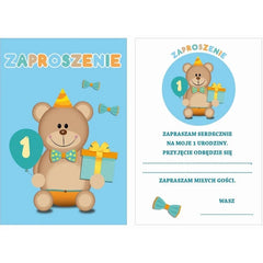 Zaproszenia na urodziny "Moje 1 Urodziny" z kopertami w niebieskie grochy – elegancka dekoracja na pierwsze urodziny!