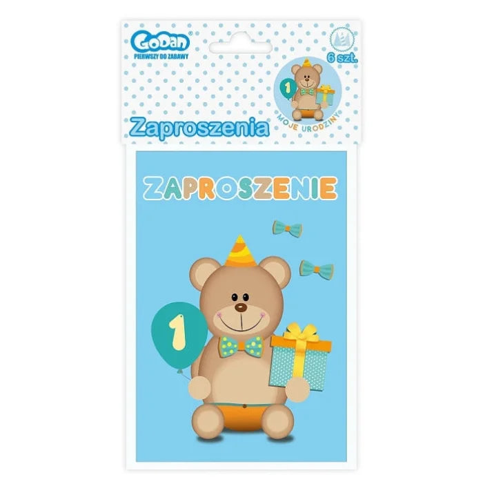 Zaproszenia na urodziny "Moje 1 Urodziny" z kopertami w niebieskie grochy – elegancka dekoracja na pierwsze urodziny!