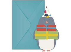 Zaproszenia urodzinowe ’Pingwin z prezentami’ – 6 szt. + koperty