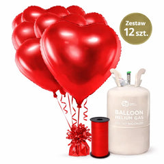 Zestaw 12 balonów walentynkowych czerwonych serc + hel + wstążka + ciężarek