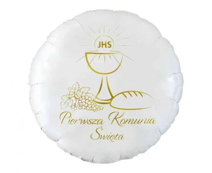 Balon Foliowy „Pierwsza Komunia Święta” 18” (46 cm) – Biało-Złoty