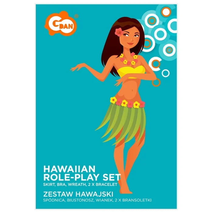 Zestaw hawajski spódnica dł. 75 cm, biustonosz, naszyjnik, wianek, dwie bransoletki