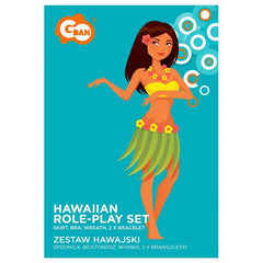 Zestaw hawajski spódnica dł. 75 cm, biustonosz, naszyjnik, wianek, dwie bransoletki