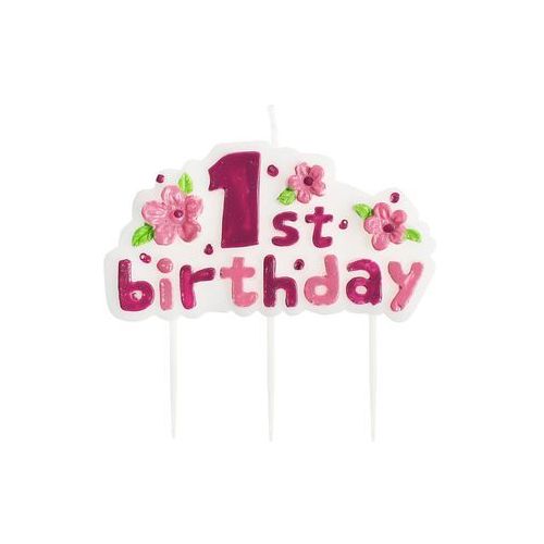 Świeczka cyfra 1 urodziny, 1st BIRTHDAY na pikerach różowa