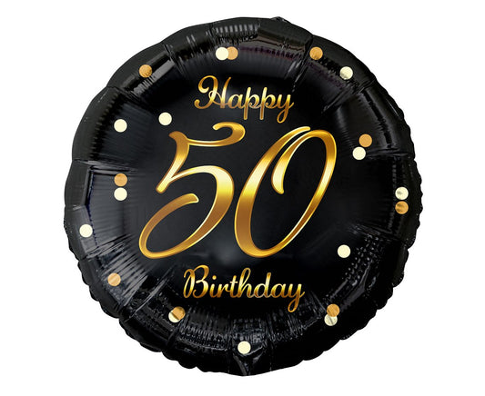 Balon foliowy Liczba 50 urodziny, Happy 50 Birthday, czarny, nadruk złoty, 45 cm