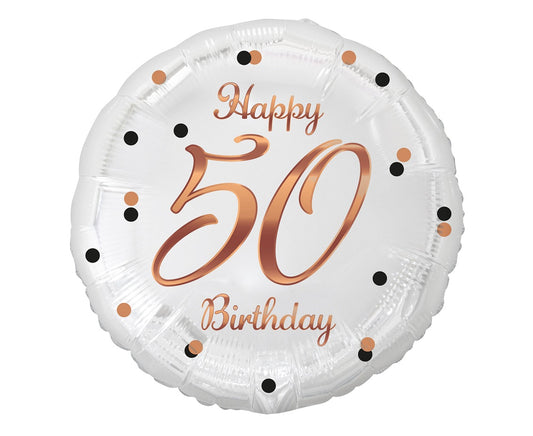 Balon foliowy Liczba 50, B&C Happy 50 Birthday, biały, nadruk różowo-złoty, 18"