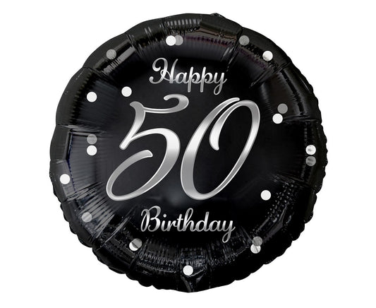 Balon foliowy Liczba 50 urodziny, B&C Happy 50 Birthday, czarny, nadruk srebrny, 18"
