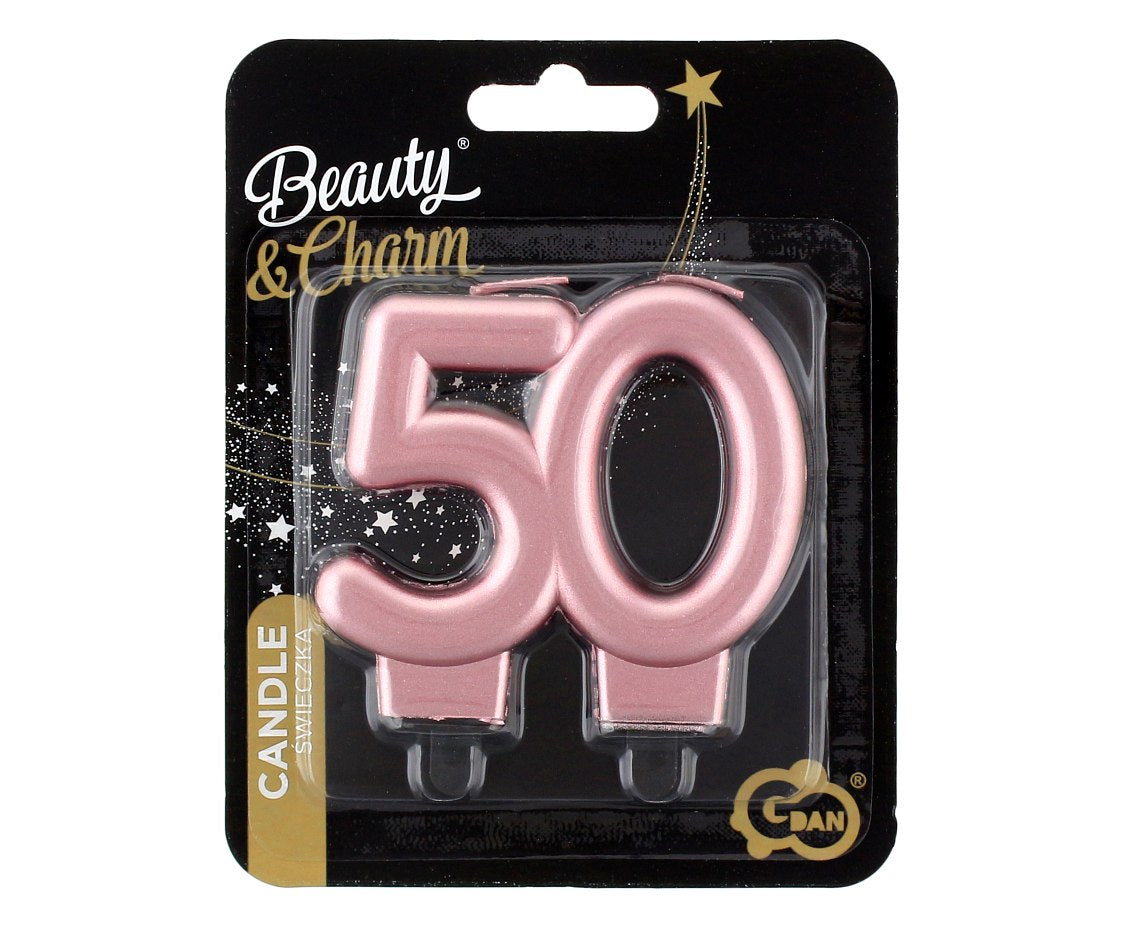 Świeczka liczba 50 urodziny, B&C, metalik różowo-złota, 8 cm