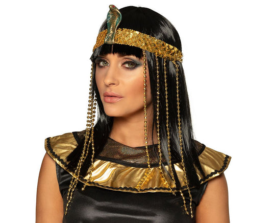 Peruka Egipska Królowa, czarne włosy ze złotą opaską